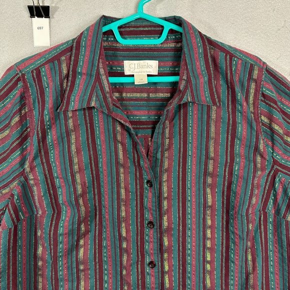 CJ Banks Womens Button Up Top Long Sleeve Stripes Maroon Green Plus Size 1X - Picture 4 of 11